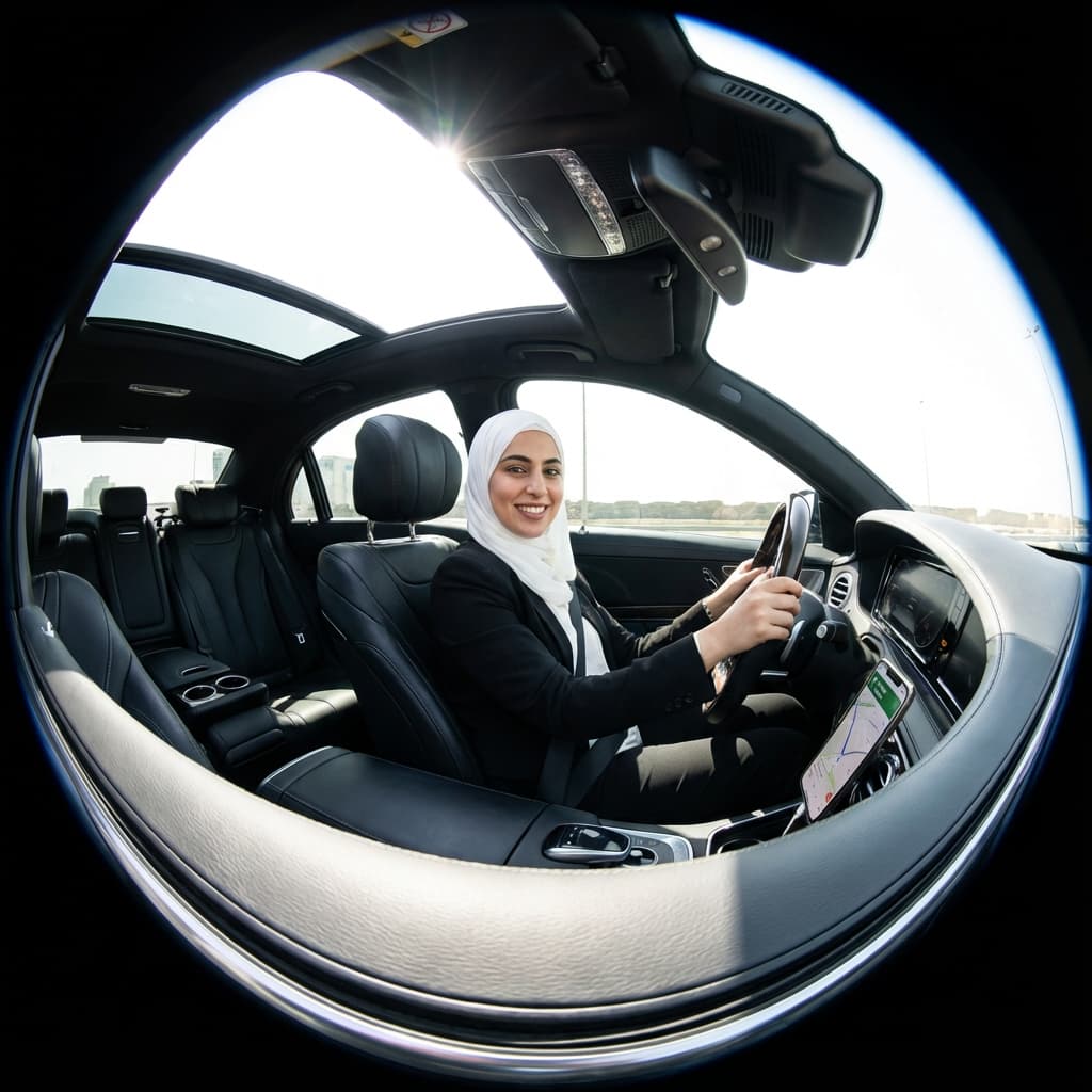 Femme chauffeur VTC souriante et protégée avec Kardem